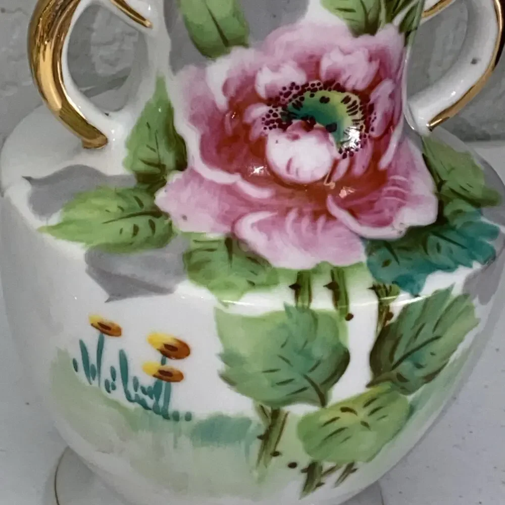 VTG Double Handled Floral Vase 9” Set Of 2 Hand Painted Made In Occupied Japan